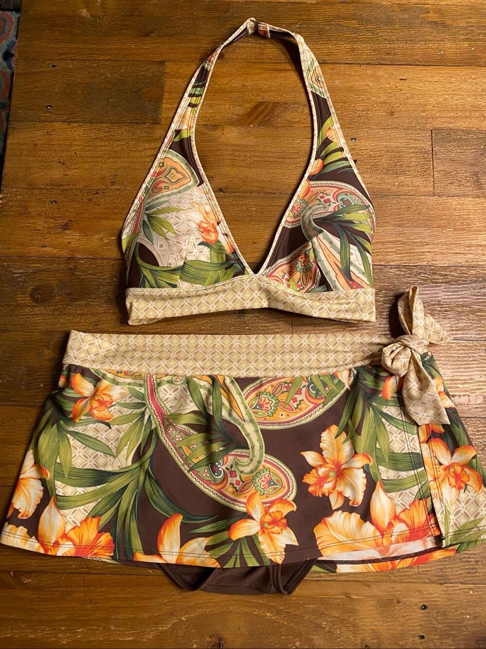 Tommy Bahama Large bikini set swimwear skirt floral brown orange halter